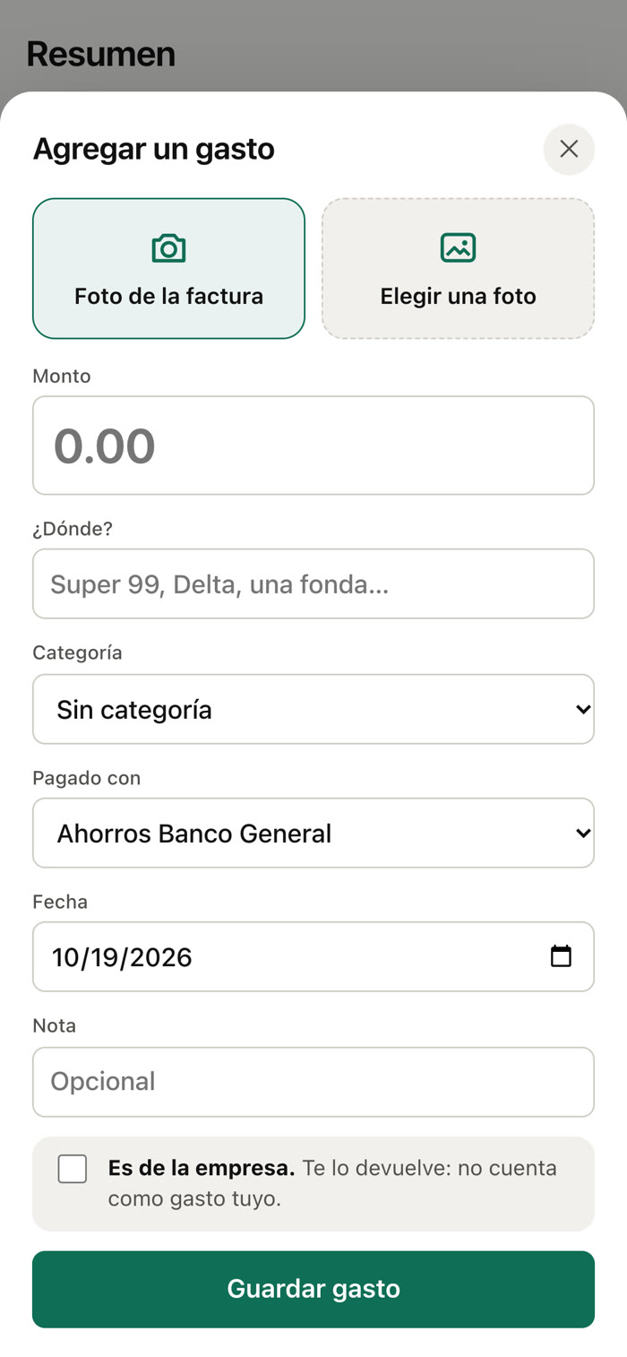 Tally en el iPhone, con el formulario para agregar un gasto