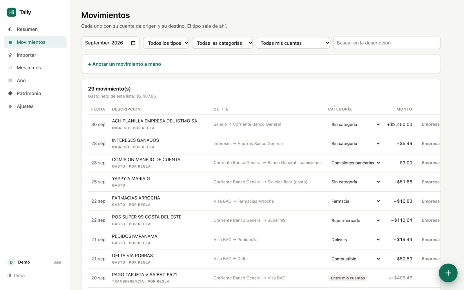 La lista de movimientos en Tally para Mac